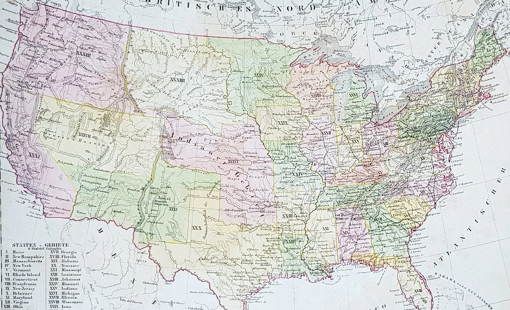 1854 Handtke & Flemming Large Antique Map of The United States of America - 32 States