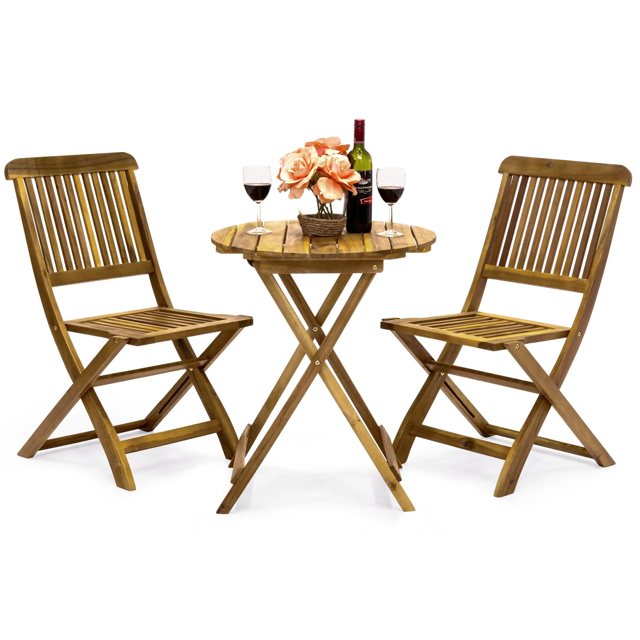 3-Piece Acacia Wood Bistro Set w/ Folding Table and Chairs