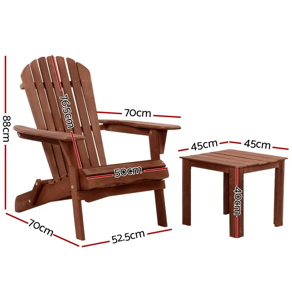 3PC Adirondack Outdoor Table and Chairs Wooden Foldable Beach Chair Brown