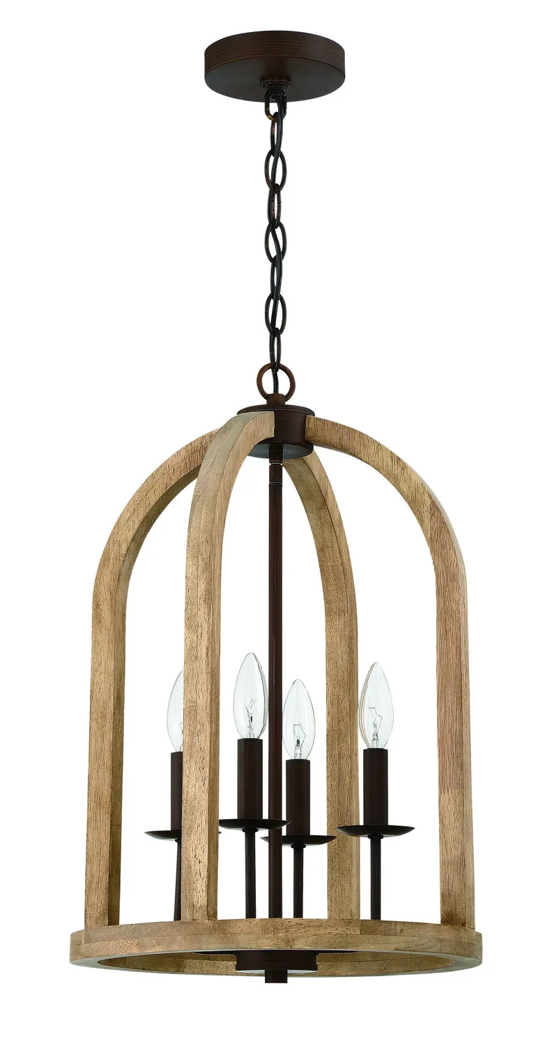 Aberdeen Four Light Foyer Pendant in Natural Wood/Aged Bronze Brushed