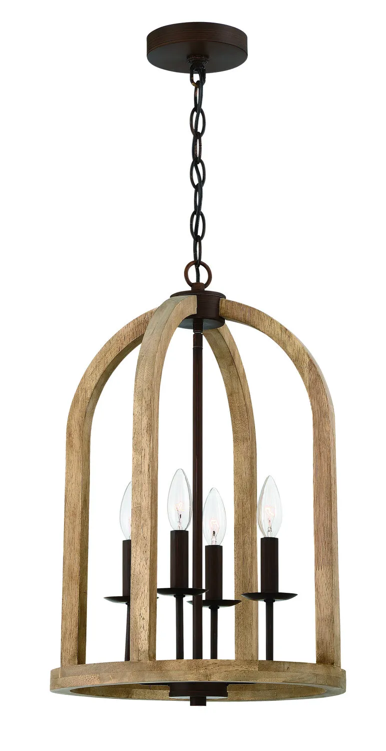 Aberdeen Four Light Foyer Pendant in Natural Wood/Aged Bronze Brushed