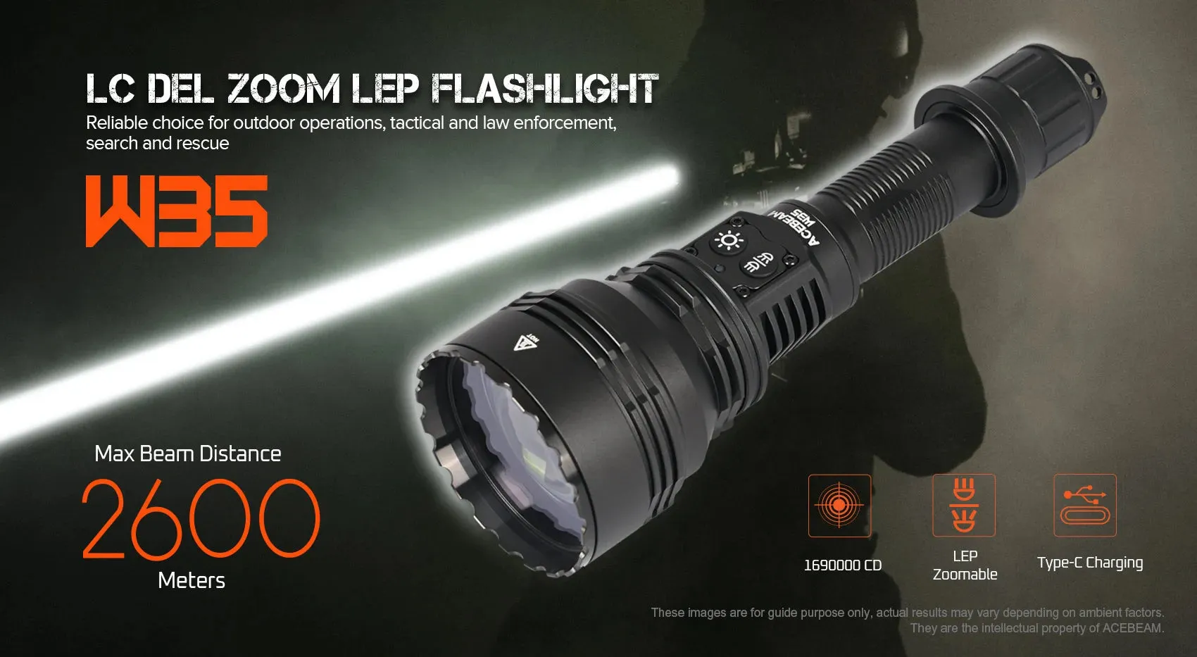 Acebeam W35 LC DEL Zoom LEP Flashlight with 2600 Meter Throw