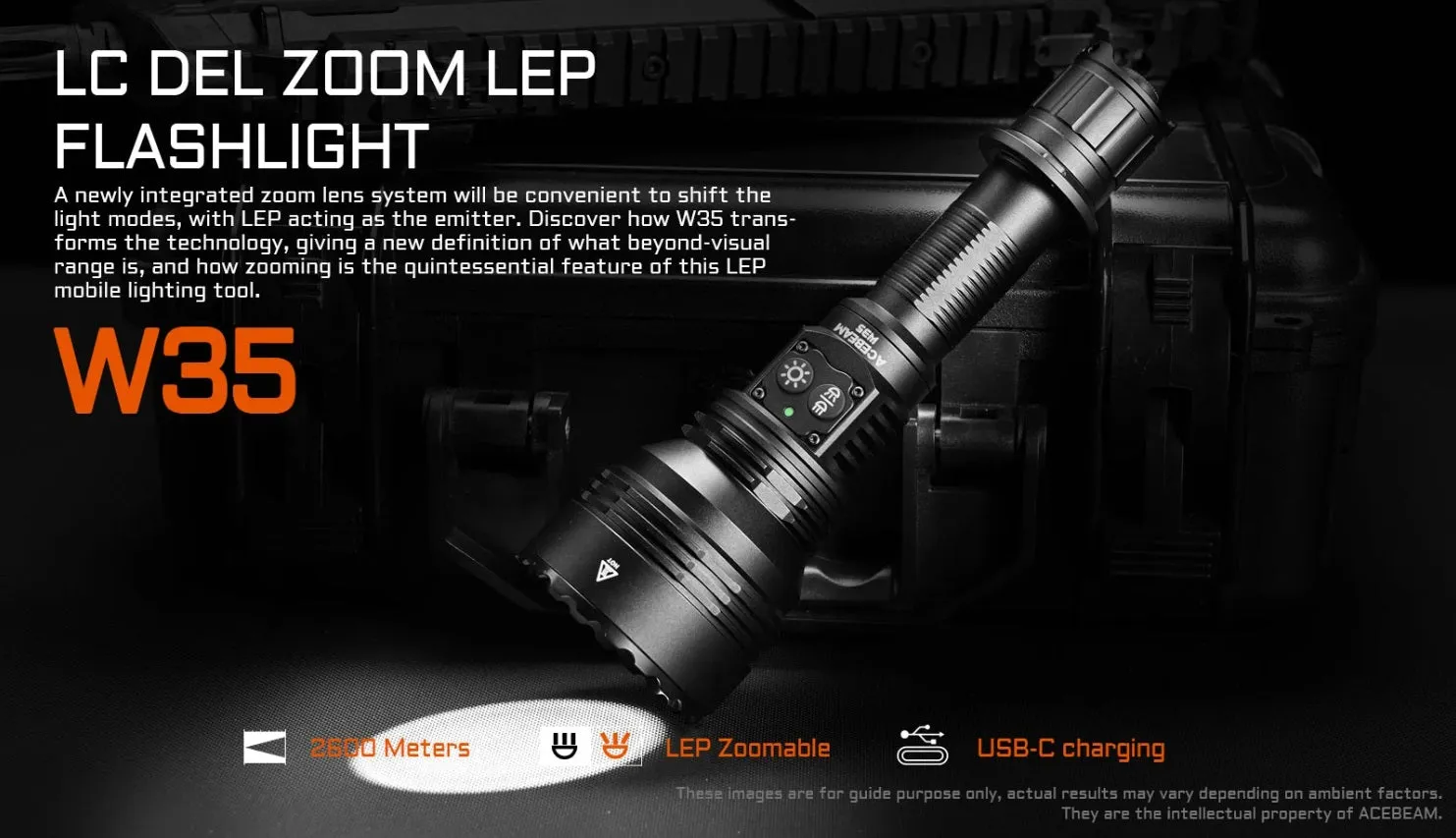 Acebeam W35 LC DEL Zoom LEP Flashlight with 2600 Meter Throw