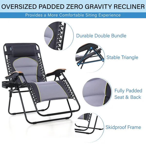 Alpha Camp New Oversize Padded Zero Gravity Lounge Chair Wooden Armrest Adjustable Recliner