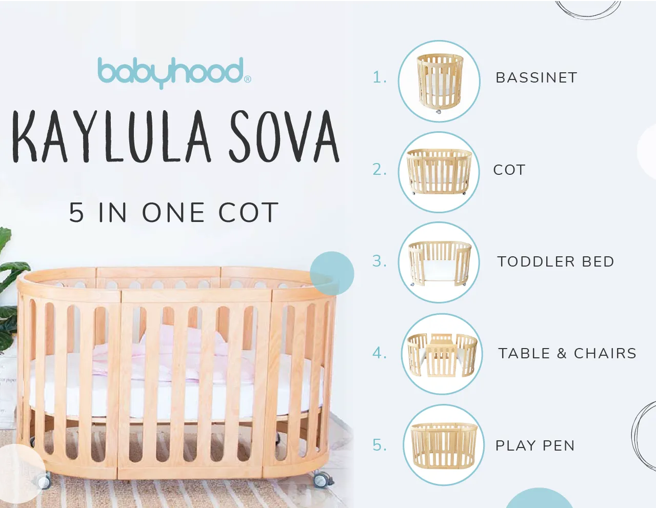 Babyhood Kaylula Sova 5 in 1 Cot - Beech (includes mattress)