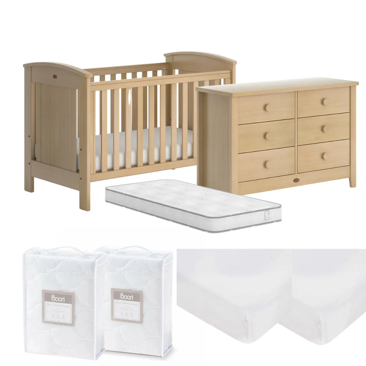 Boori Casa Baby Cot 7 PC Nursery Package with 6 Draw Chest