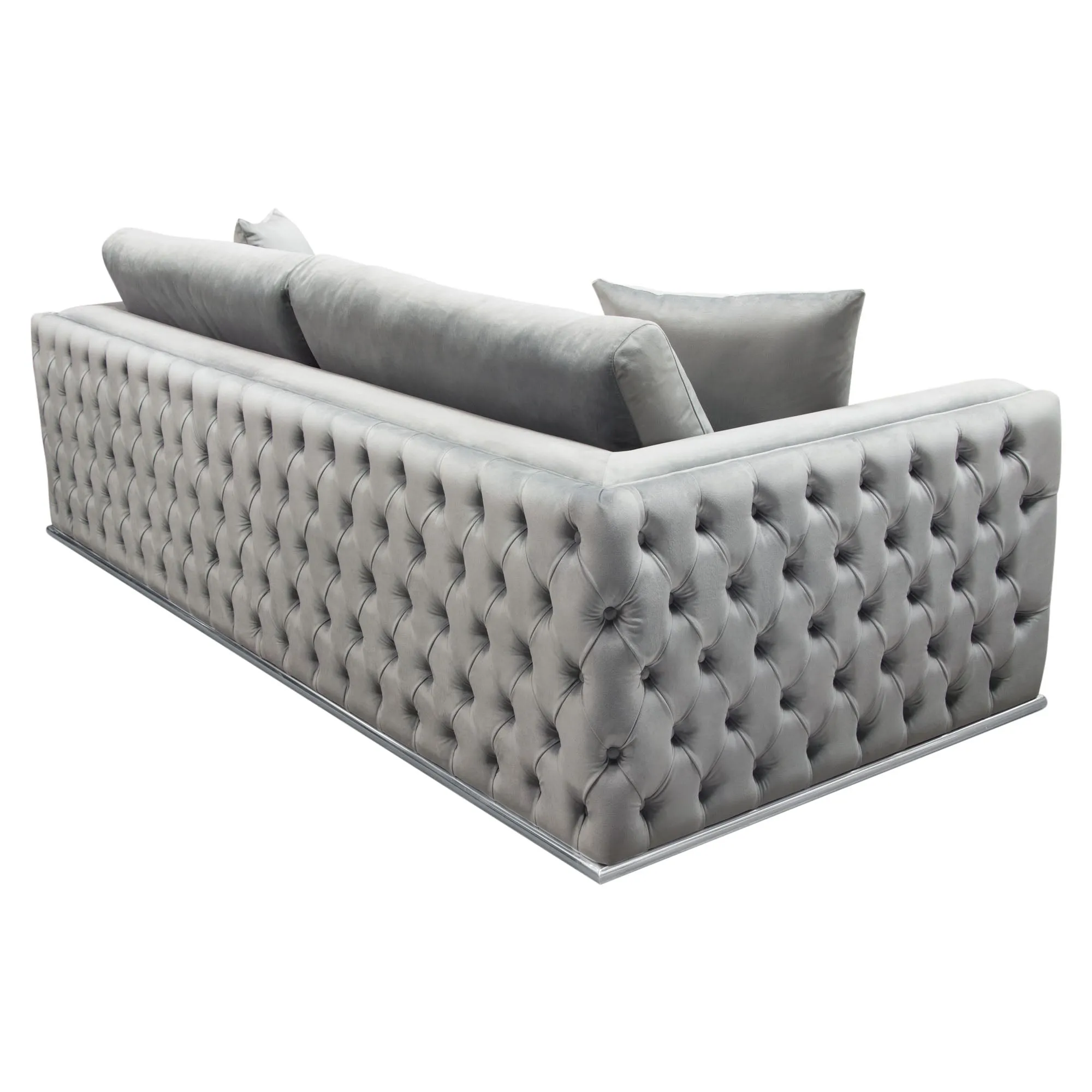 Envy Sofa in Platinum Grey Velvet with Tufted Outside Detail and Silver Metal Trim by Diamond Sofa