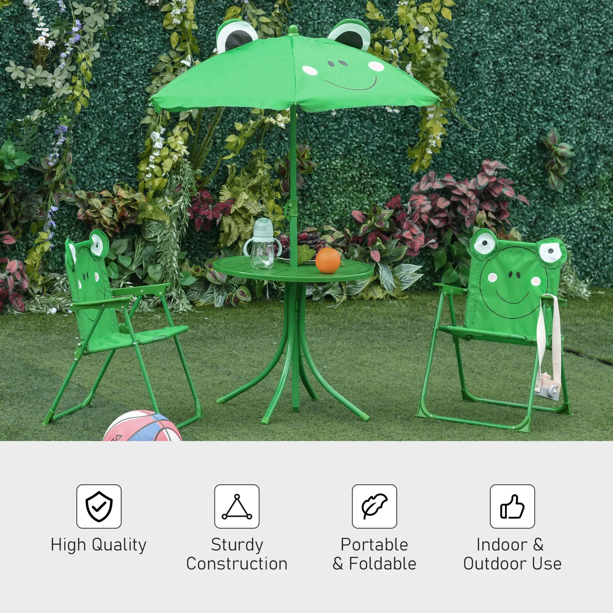 Kids Folding Picnic Table and Chair Set Frog Pattern with Removable & Height Adjustable Sun Umbrella, Green