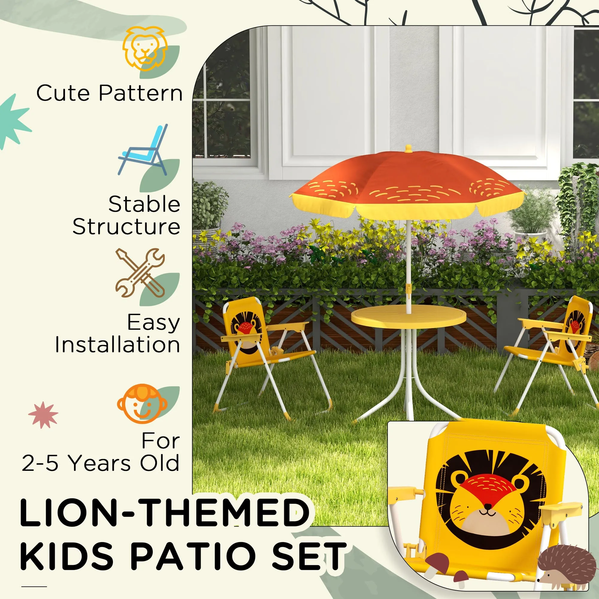 Kids Picnic Table and Chair Set Lion Themed Outdoor Garden Furniture w/ Foldable Chairs, Adjustable Parasol - Yellow