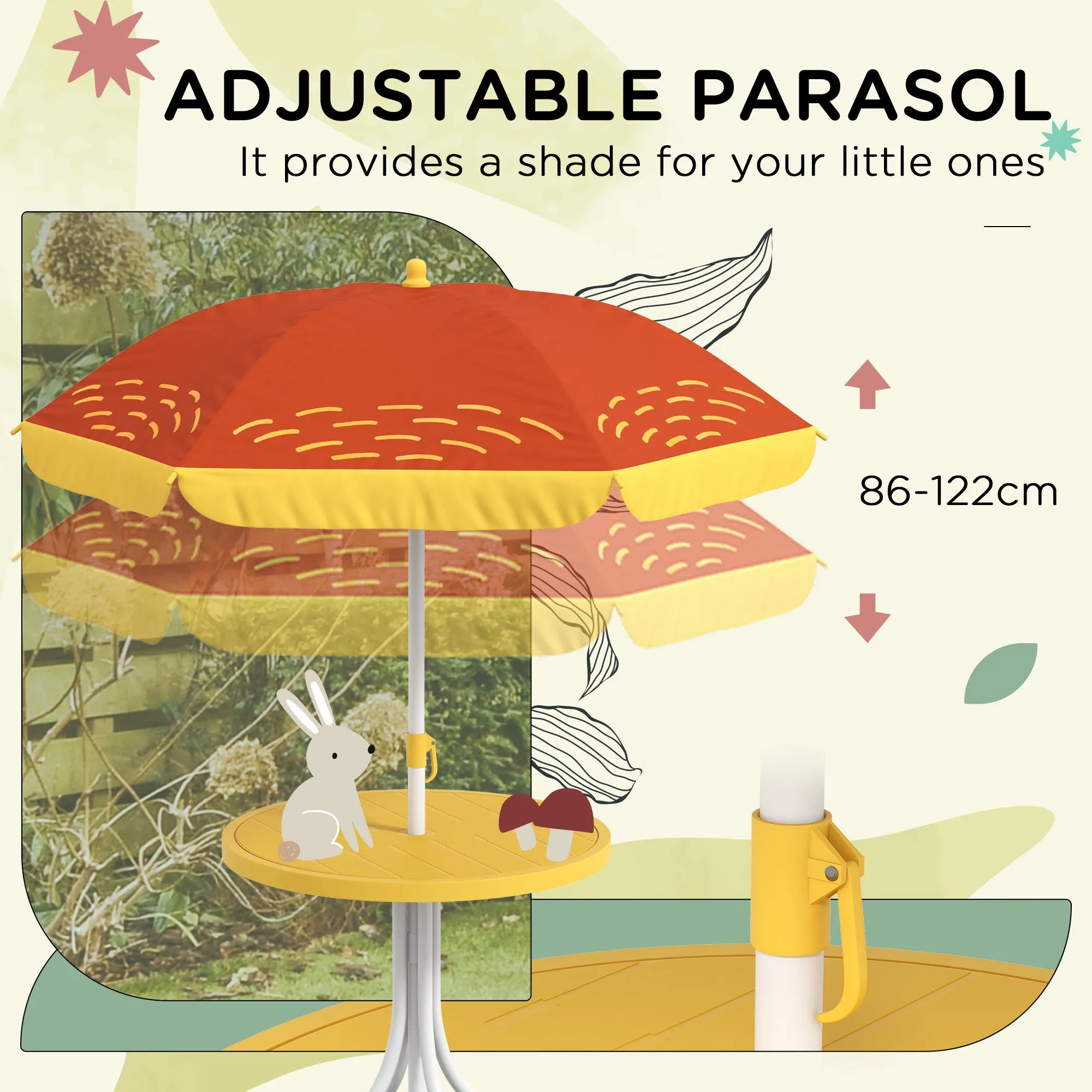 Kids Picnic Table and Chair Set Lion Themed Outdoor Garden Furniture w/ Foldable Chairs, Adjustable Parasol - Yellow