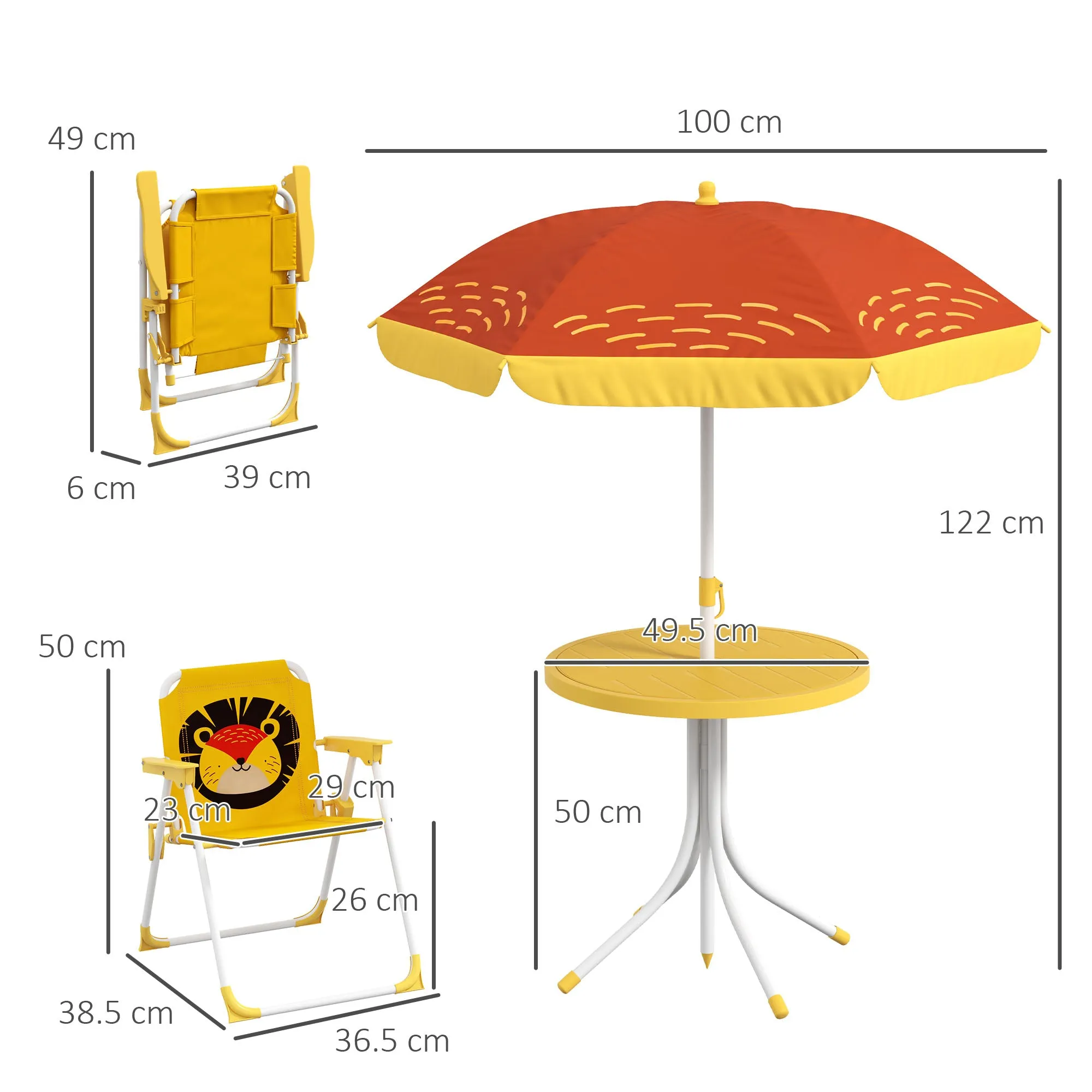 Kids Picnic Table and Chair Set Lion Themed Outdoor Garden Furniture w/ Foldable Chairs, Adjustable Parasol - Yellow