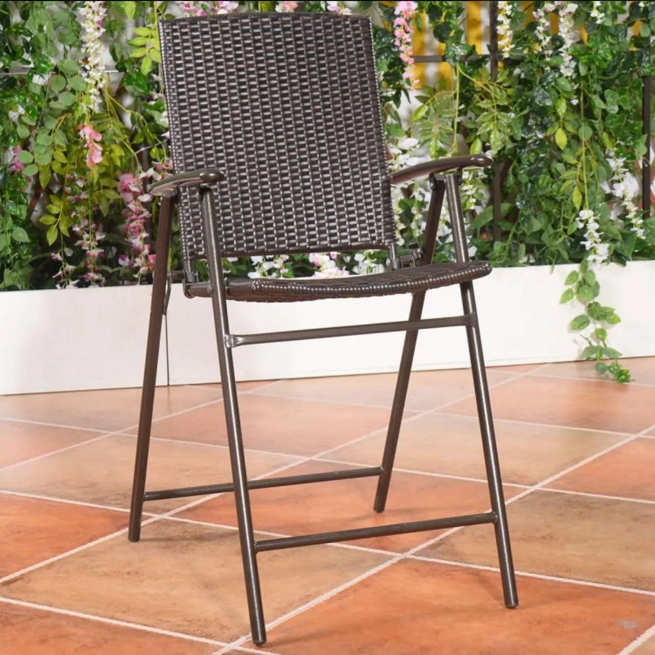 Super Duty Rattan Set Of 4 Folding Patio Chairs With Footrests | Armrests | Outdoors, Indoors | Holds 264 lbs | Steel Frame