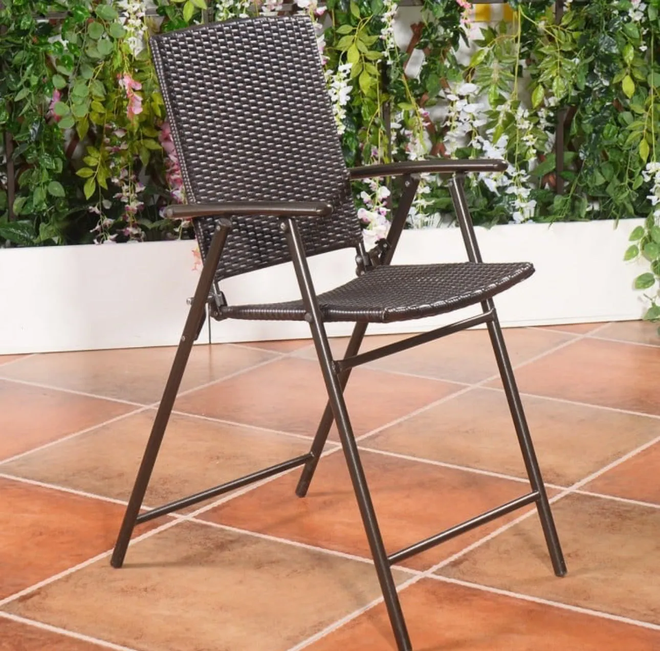 Super Duty Rattan Set Of 4 Folding Patio Chairs With Footrests | Armrests | Outdoors, Indoors | Holds 264 lbs | Steel Frame