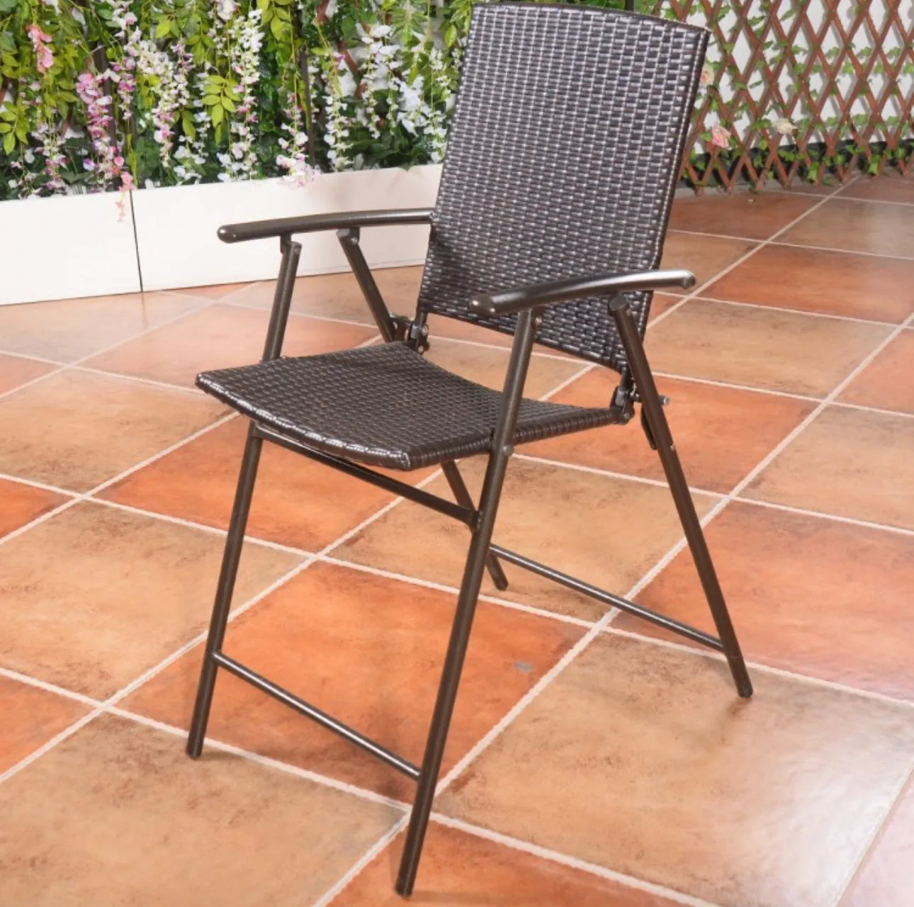 Super Duty Rattan Set Of 4 Folding Patio Chairs With Footrests | Armrests | Outdoors, Indoors | Holds 264 lbs | Steel Frame