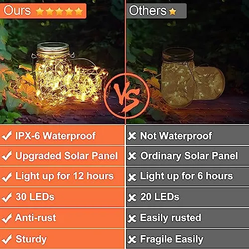 【Upgraded】Hanging Mason Jar Solar Lights, 6 Pack 30 LEDs Fairy Lights with Jars and Hangers, IPX6 Waterproof Hanging Solar Lights Outdoor, Solar Lanterns for Balcony Backyard Garden Fence Decor