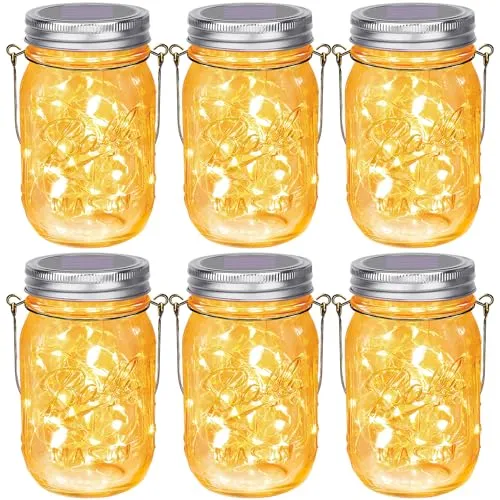 【Upgraded】Hanging Mason Jar Solar Lights, 6 Pack 30 LEDs Fairy Lights with Jars and Hangers, IPX6 Waterproof Hanging Solar Lights Outdoor, Solar Lanterns for Balcony Backyard Garden Fence Decor